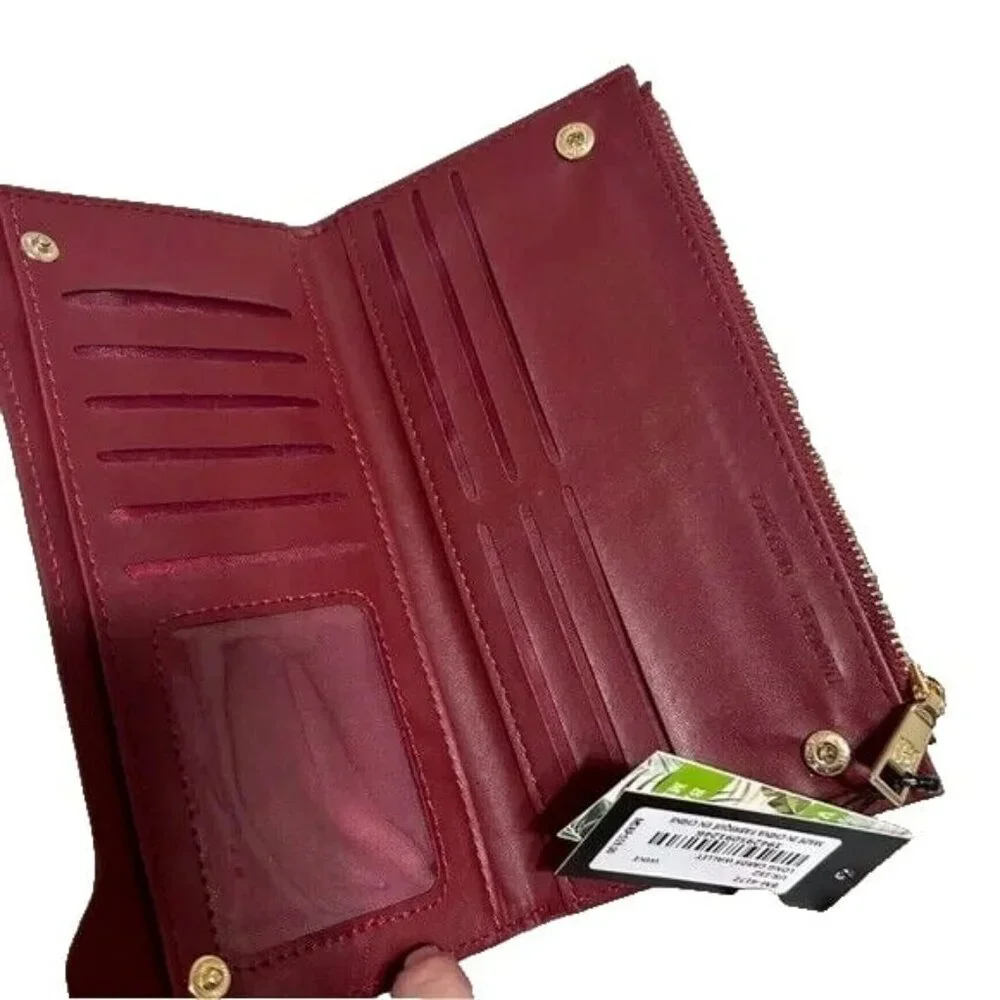 BNWT Badgley Mischka Diamond Quilted Wine Maroon Long Cards Thin Wallet 7.5 x 4